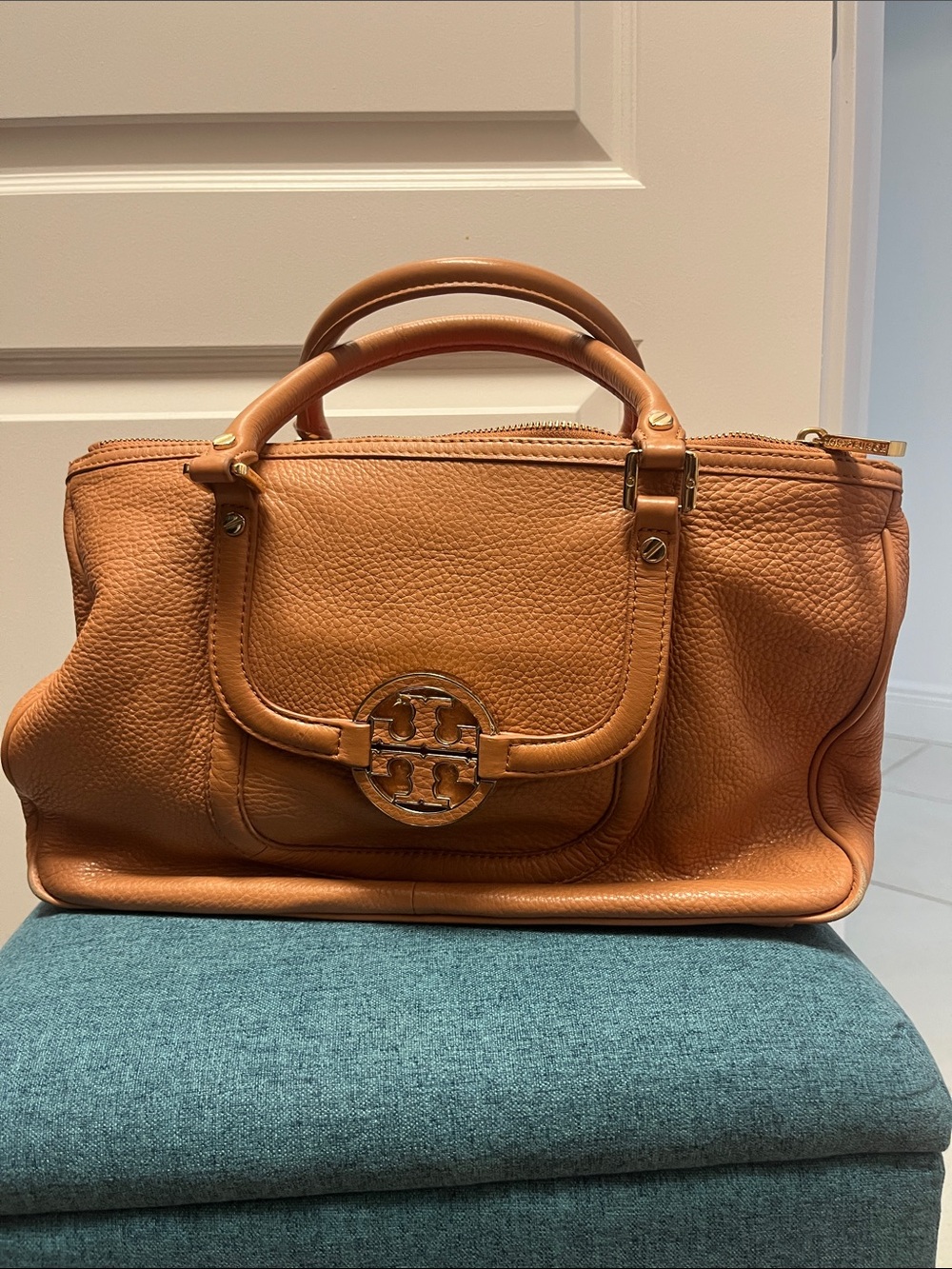 Tory Burch Tan Leather Satchel with Logo Medallion